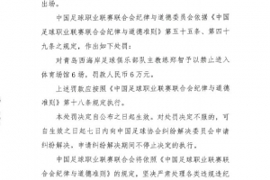 郑智因辱骂裁判员被处以追加处罚6场禁赛