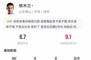 吧友打出9.1分！21岁依木兰中超首次先发出战半场，被陈泽仕换下